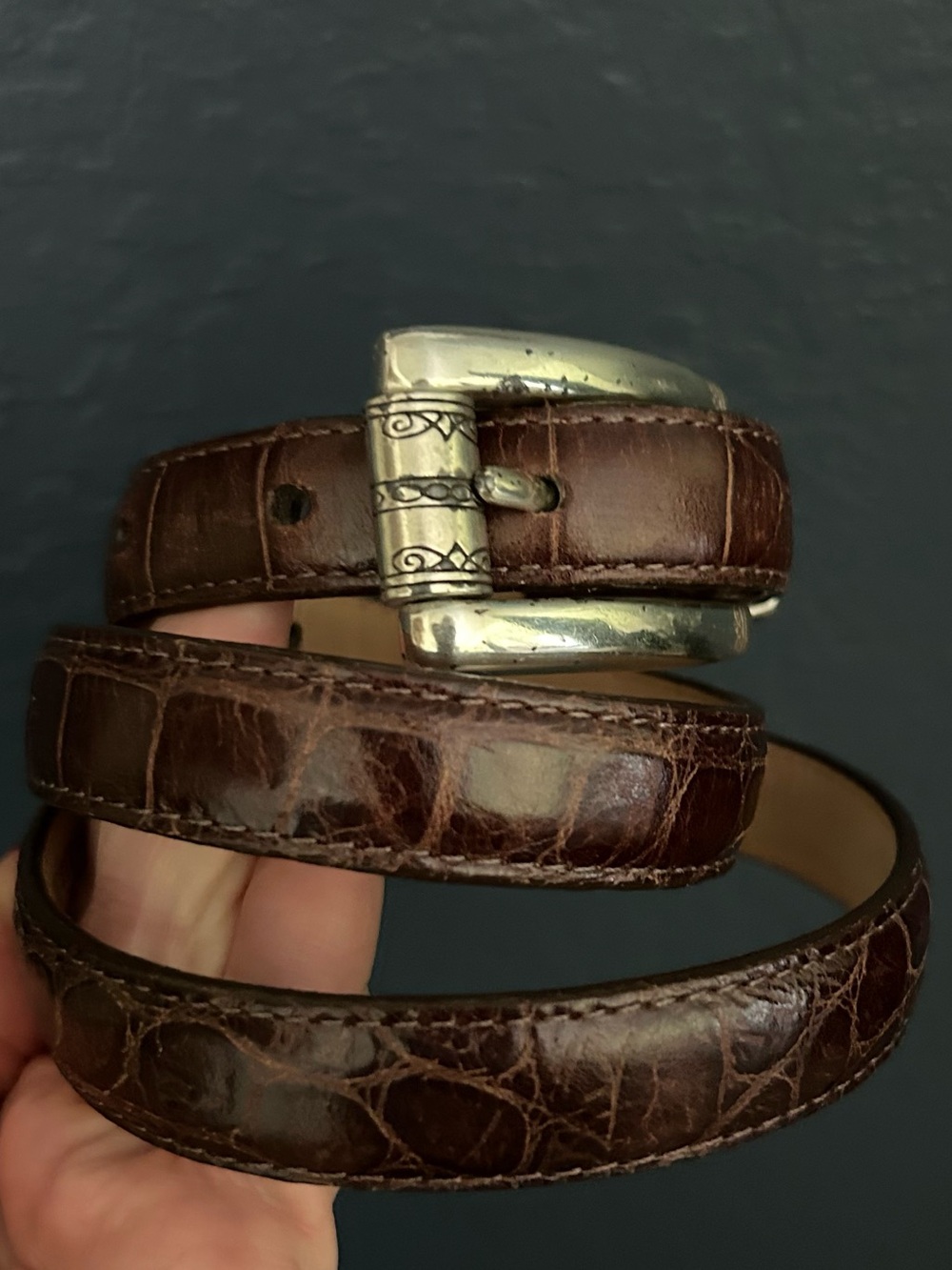 Talbots Croc Embossed Brown Thin Genuine Leather Belt Silver Hardware USA Made